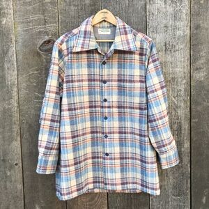 Vintage 70s Handmade Wide Collar Wool Plaid Flannel Button Up Shirt Unisex L-XL